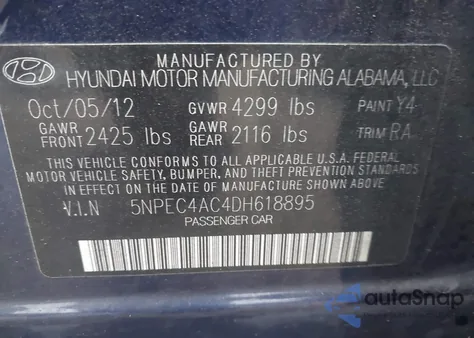 2013 Hyundai Sonata Limited z USA, uszkodzony, nr VIN 5NPEC4AC4DH618895